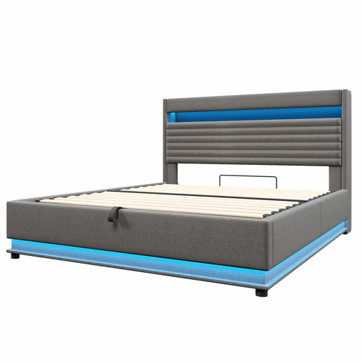 Cama estofada 180x200 cm - com carregamento USB Tipo C, iluminação LED, armazenamento hidráulico, compartimento Flip-Top, controlo por botãoaplicação, sem colchão - cinzento