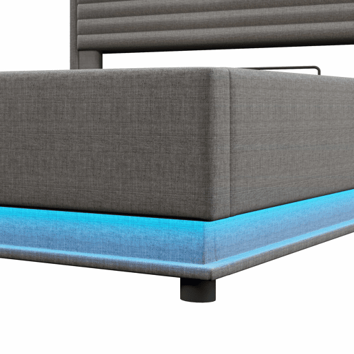 Cama estofada 180x200 cm - com carregamento USB Tipo C, iluminação LED, armazenamento hidráulico, compartimento Flip-Top, controlo por botãoaplicação, sem colchão - cinzento