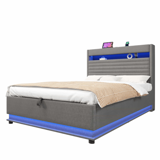 Cama estofada 140x200 cm - com função de carregamento USB Tipo-C, iluminação LED, armazenamento hidráulico, compartimento Flip-Top, sem colchão, controlo por botãoaplicação - Cinza