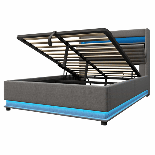 Cama estofada 140x200 cm - com função de carregamento USB Tipo-C, iluminação LED, armazenamento hidráulico, compartimento Flip-Top, sem colchão, controlo por botãoaplicação - Cinza