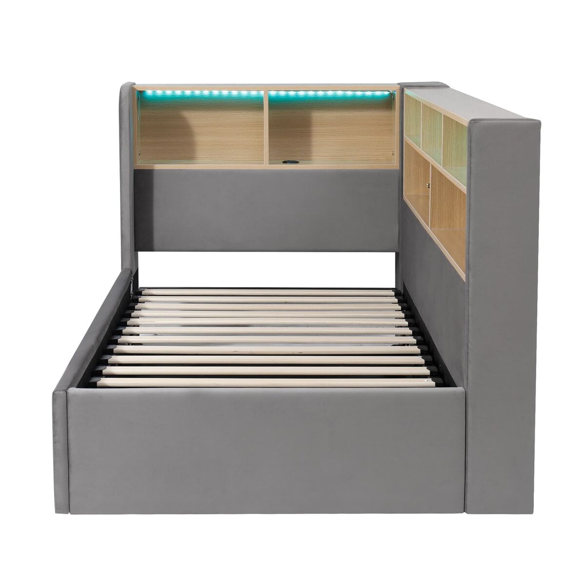 Cama día 90x200 cm - almacenamiento hidráulico, led, usb, respaldo, terciopelo - gris