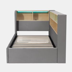 Cama de dia 90x200 cm - armazenamento hidráulico, LED, USB, encosto, veludo - cinza