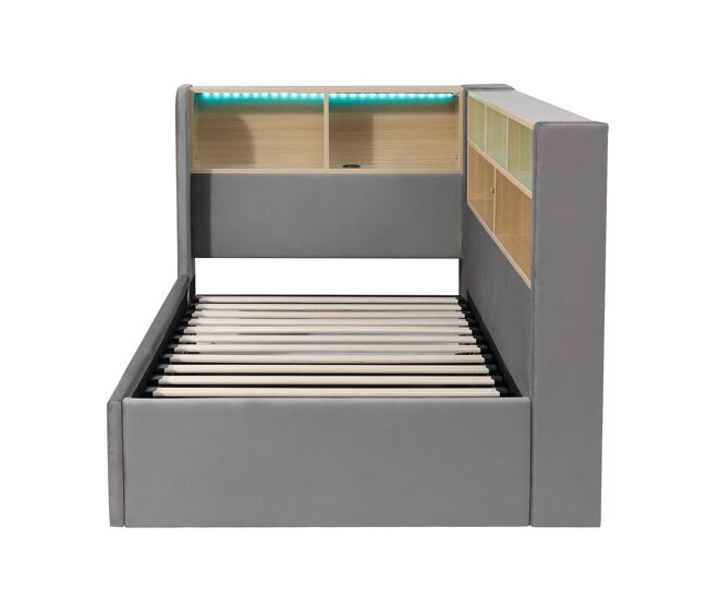 Cama día 90x200 cm - almacenamiento hidráulico, led, usb, respaldo, terciopelo - gris
