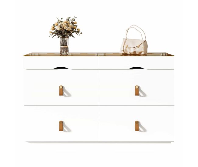 Aparador 120x40x78 cm - 6 cajones, cristal templado, anti-vuelco, organizador para dormitorio y salón - blanco