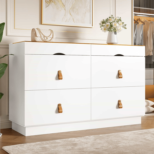 Aparador 120x40x78 cm - 6 gavetas, vidro temperado, anti-capotamento, organizador para quarto e sala - Branco