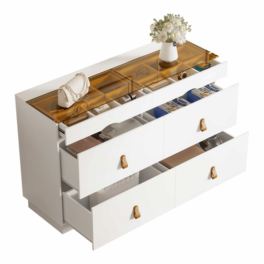 Aparador 120x40x78 cm - 6 gavetas, vidro temperado, anti-capotamento, organizador para quarto e sala - Branco