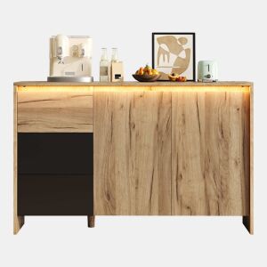 Aparador 120x76x40 cm - 3 gavetas, 2 portas, LED multicolorido, sala de estar, sala de jantar, corredor - Natural e Preto