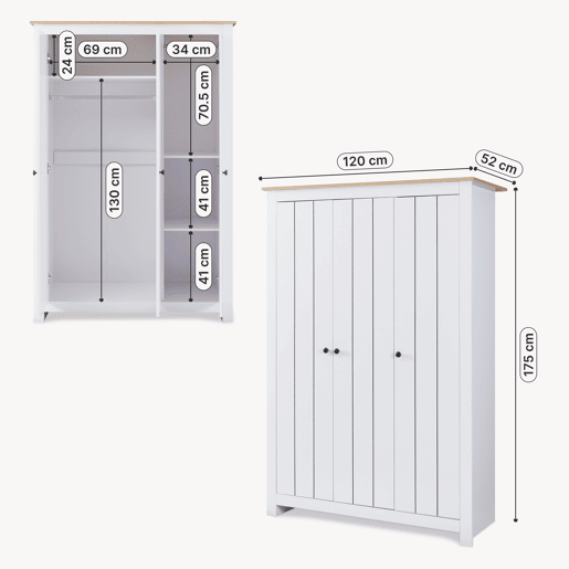 Armário Roupeiro Vasand com 3 portas 175x120x52cm BrancoCarvalho en.casa