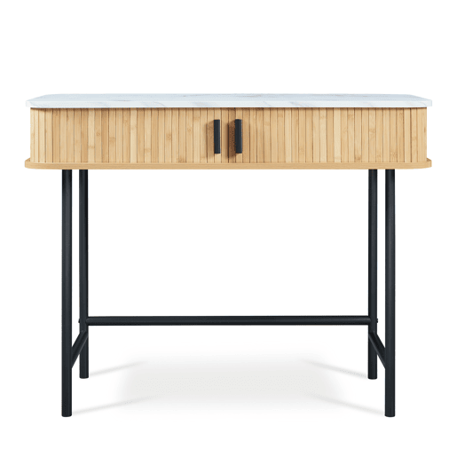 Mesa de consola Tvedestrand com portas de bambu 100x50x76cm Mármore branco  natural en.casa