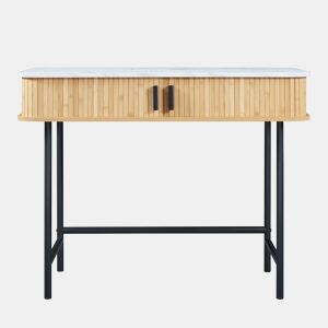 Mesa de consola Tvedestrand com portas de bambu 100x50x76cm Mármore branco natural en.casa