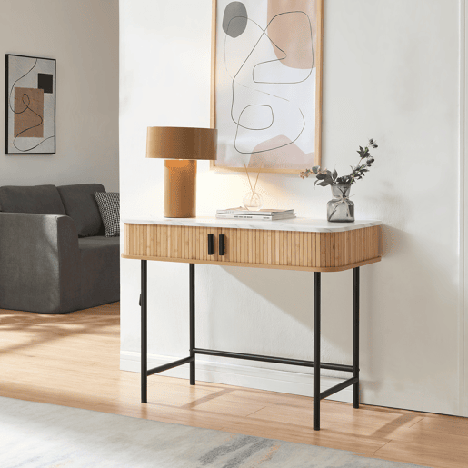 Mesa de consola Tvedestrand com portas de bambu 100x50x76cm Mármore branco  natural en.casa