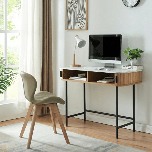 Mesa de consola Tvedestrand com portas de bambu 100x50x76cm Mármore branco  natural en.casa