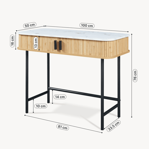 Mesa de consola Tvedestrand com portas de bambu 100x50x76cm Mármore branco  natural en.casa