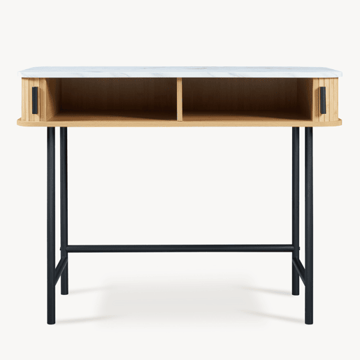 Mesa de consola Tvedestrand com portas de bambu 100x50x76cm Mármore branco  natural en.casa