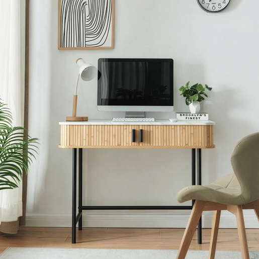 Mesa de consola Tvedestrand com portas de bambu 100x50x76cm Mármore branco  natural en.casa