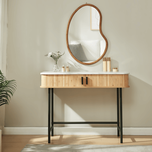 Mesa de consola Tvedestrand com portas de bambu 100x50x76cm Mármore branco  natural en.casa