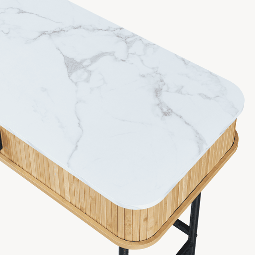 Mesa de consola Tvedestrand com portas de bambu 100x50x76cm Mármore branco  natural en.casa