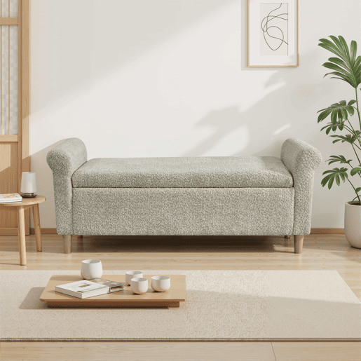 Pufe otomano com espaço de arrumação - com tampa rebatível e estofado em tecido - Estilo escandinavo - Camel