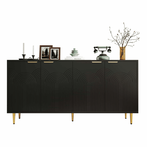 Aparador 160x80x40 cm - 4 portas, puxadores dourados escovados e pés de alto brilho - Preto