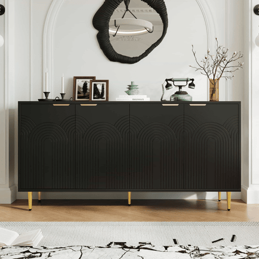 Aparador 160x80x40 cm - 4 portas, puxadores dourados escovados e pés de alto brilho - Preto