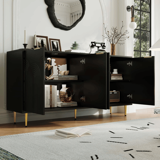 Aparador 160x80x40 cm - 4 portas, puxadores dourados escovados e pés de alto brilho - Preto