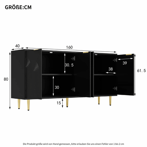 Aparador 160x80x40 cm - 4 portas, puxadores dourados escovados e pés de alto brilho - Preto