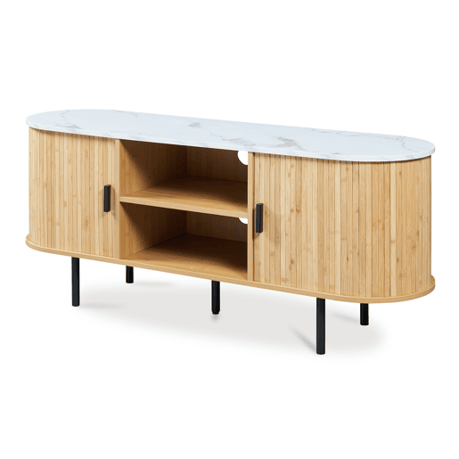 Mesa de TV Tvedestrand com 2 portas 140 x 40 x 55 cm bambu Natural Mármore branco en.casa