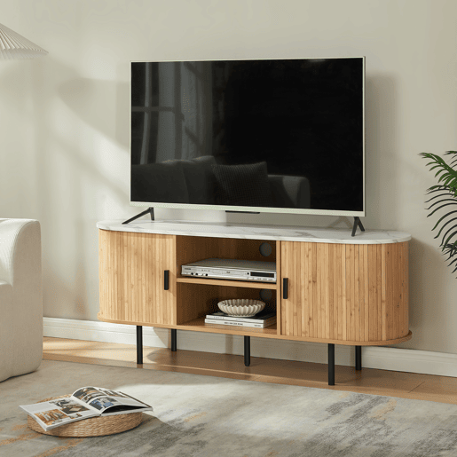Mesa de TV Tvedestrand com 2 portas 140 x 40 x 55 cm bambu Natural Mármore branco en.casa