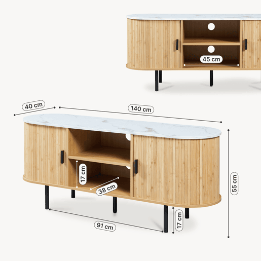 Mesa de TV Tvedestrand com 2 portas 140 x 40 x 55 cm bambu Natural Mármore branco en.casa
