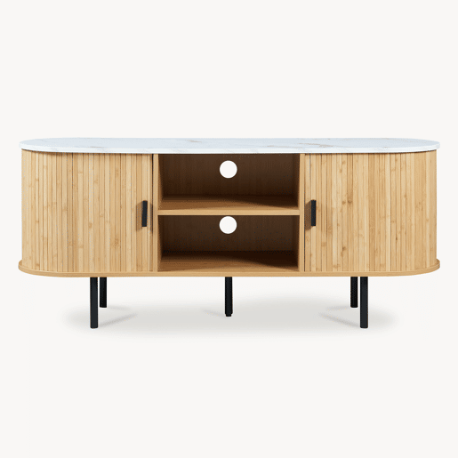 Mesa de TV Tvedestrand com 2 portas 140 x 40 x 55 cm bambu Natural Mármore branco en.casa