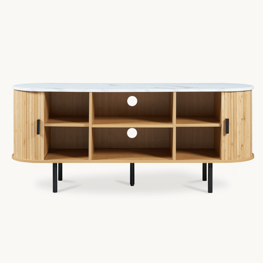 Mesa de TV Tvedestrand com 2 portas 140 x 40 x 55 cm bambu Natural Mármore branco en.casa