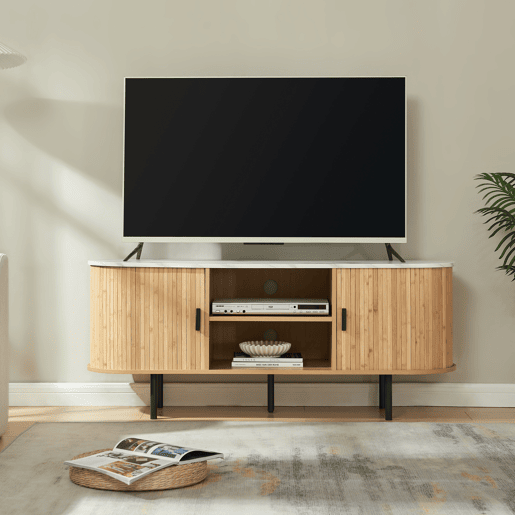 Mesa de TV Tvedestrand com 2 portas 140 x 40 x 55 cm bambu Natural Mármore branco en.casa
