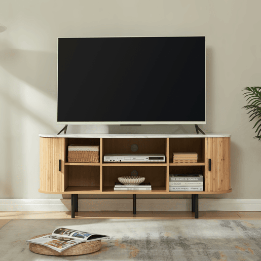 Mesa de TV Tvedestrand com 2 portas 140 x 40 x 55 cm bambu Natural Mármore branco en.casa