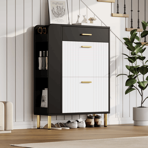 Sapateira 80x24x105 cm - 2 portas batentes, 1 gaveta, 3 compartimentos abertos - Branco+Preto
