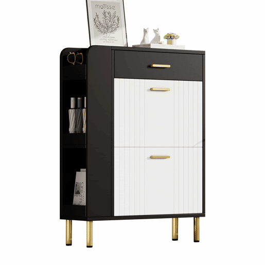 Sapateira 80x24x105 cm - 2 portas batentes, 1 gaveta, 3 compartimentos abertos - Branco+Preto