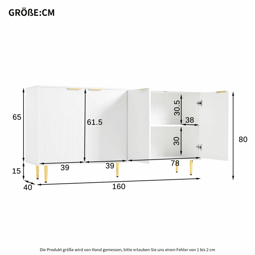 Aparador 160x80x40 cm - 4 portas, puxadores dourados escovados, pés de alto brilho - Branco