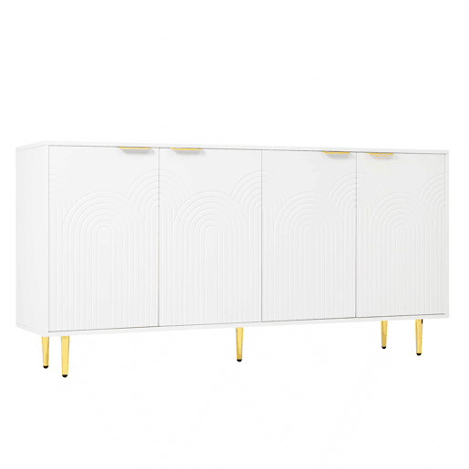 Aparador 160x80x40 cm - 4 portas, puxadores dourados escovados, pés de alto brilho - Branco