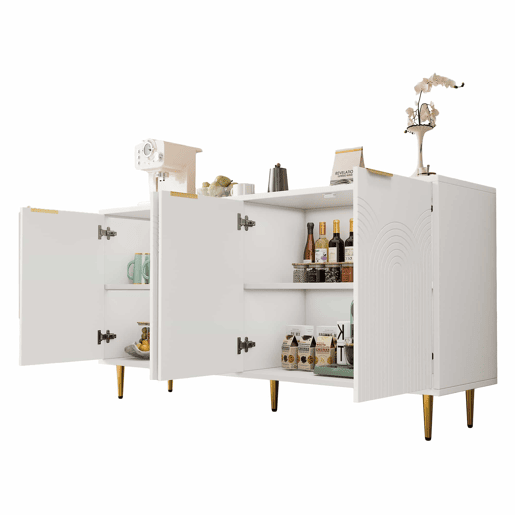Aparador 160x80x40 cm - 4 portas, puxadores dourados escovados, pés de alto brilho - Branco