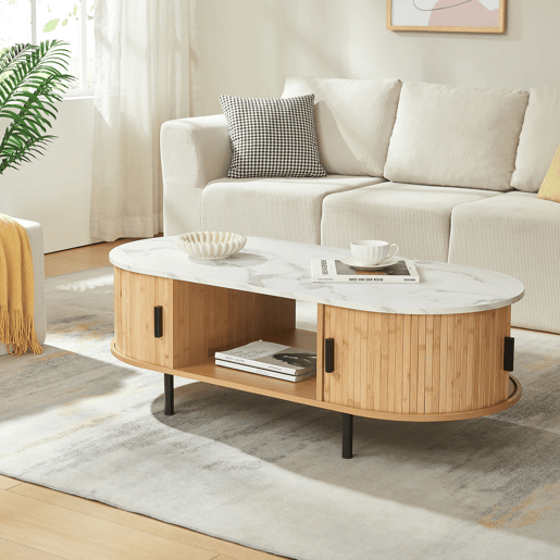 Mesa de centro Tvedestrand com 2 portas 120x55x40 cm Mármore brancoNatural en.casa