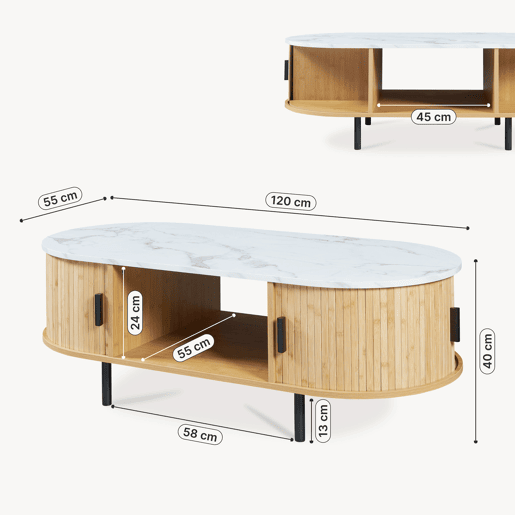Mesa de centro Tvedestrand com 2 portas 120x55x40 cm Mármore brancoNatural en.casa