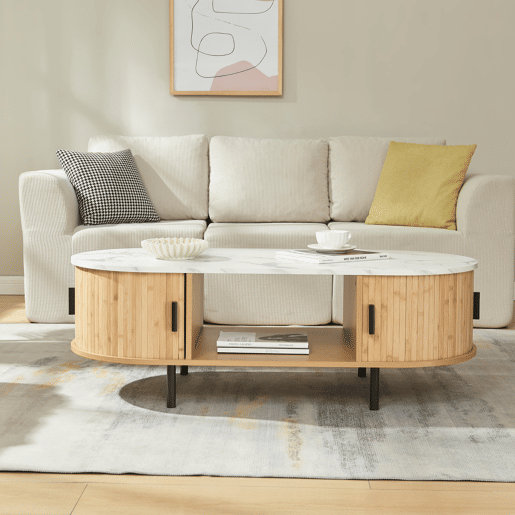 Mesa de centro Tvedestrand com 2 portas 120x55x40 cm Mármore brancoNatural en.casa