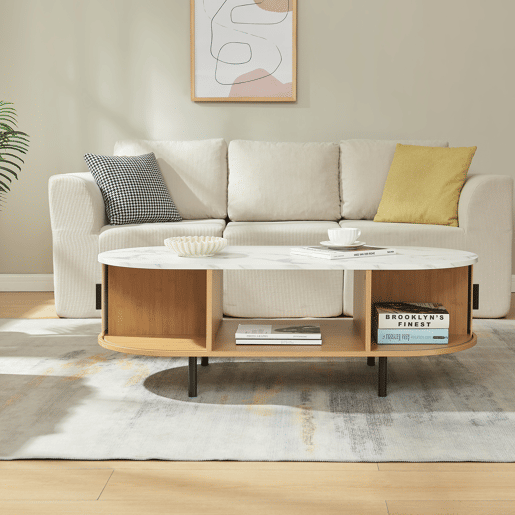 Mesa de centro Tvedestrand com 2 portas 120x55x40 cm Mármore brancoNatural en.casa