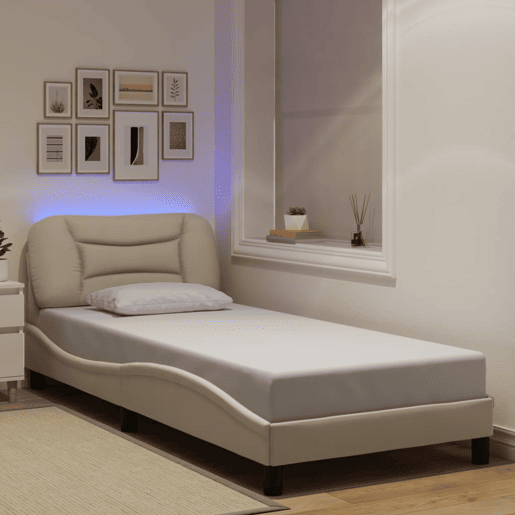 Estrutura de cama de solteiro para adultos com LED 80x200 cm tecido creme