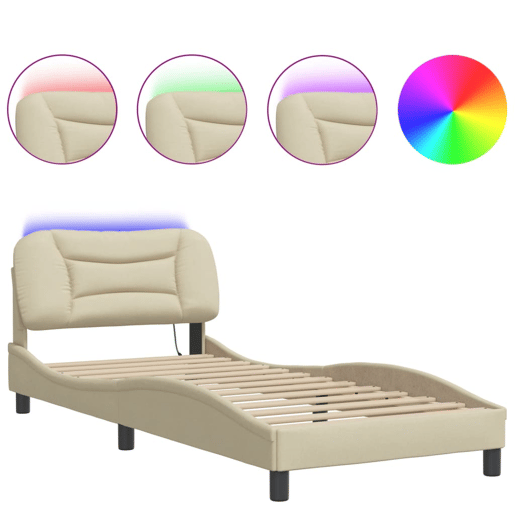 Estrutura de cama de solteiro para adultos com LED 80x200 cm tecido creme