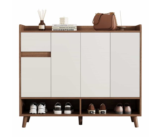 Zapatero 120x35x99 cm - 4 puertas, 1 cajón, estante ajustable - blanco+natural