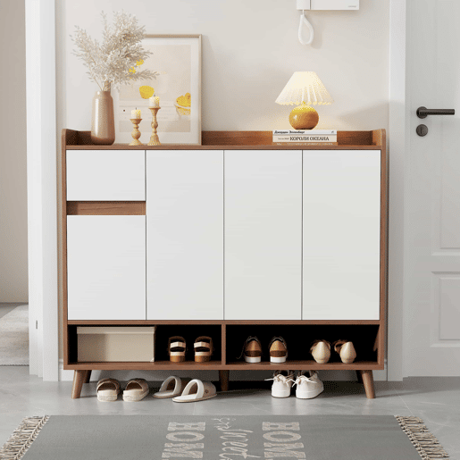 Sapateira 120x35x99 cm - 4 portas, 1 gaveta, prateleira ajustável - Branco+Natural