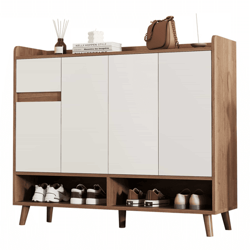 Sapateira 120x35x99 cm - 4 portas, 1 gaveta, prateleira ajustável - Branco+Natural