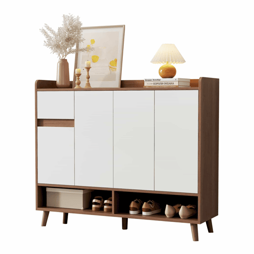 Sapateira 120x35x99 cm - 4 portas, 1 gaveta, prateleira ajustável - Branco+Natural