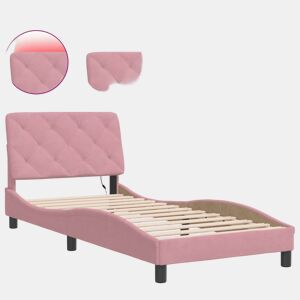 Estrutura de cama de solteiro para adultos com LED 90x200 cm veludo rosa