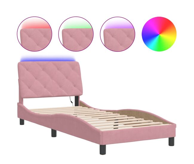 Estructura de cama individual para adultos con led terciopelo rosa 90x200 cm